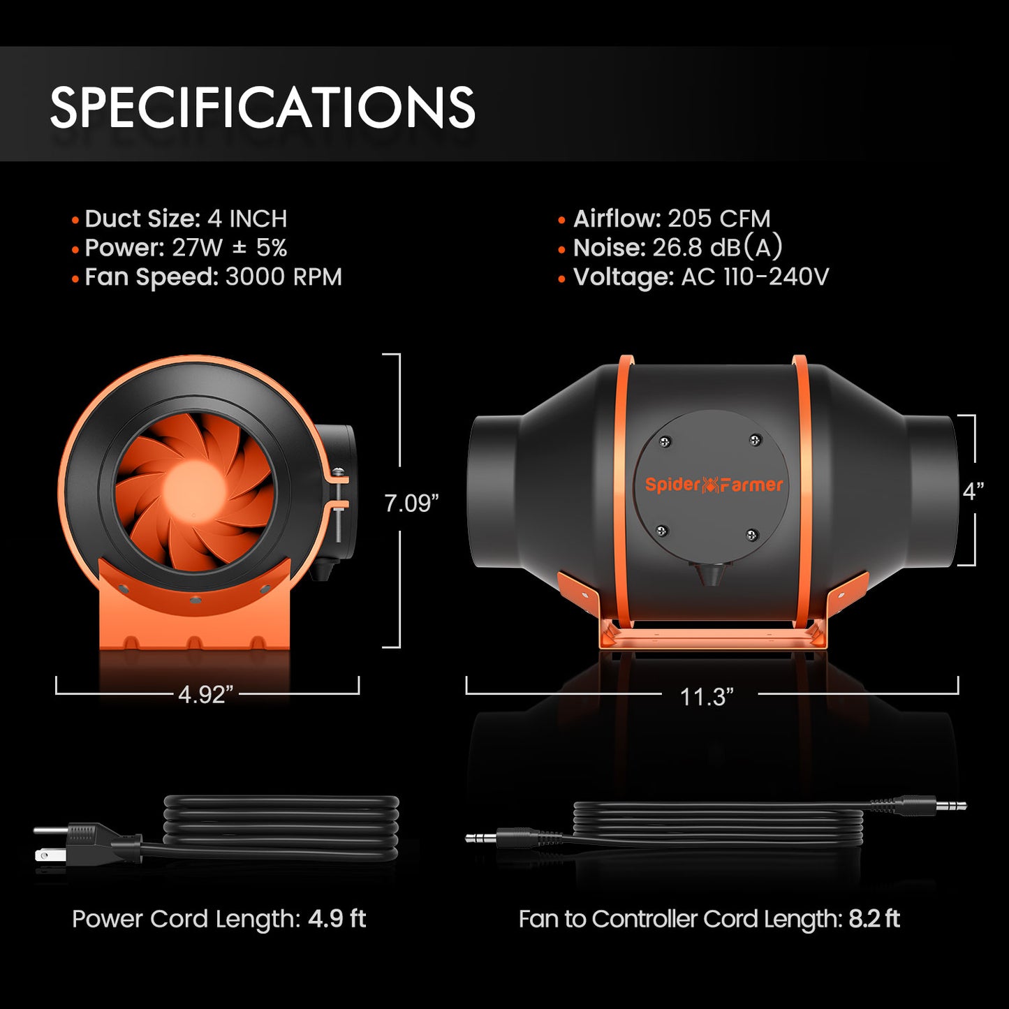 Spider Farmer® 4-Inch 205 CFM Inline Fan with Speed Controller