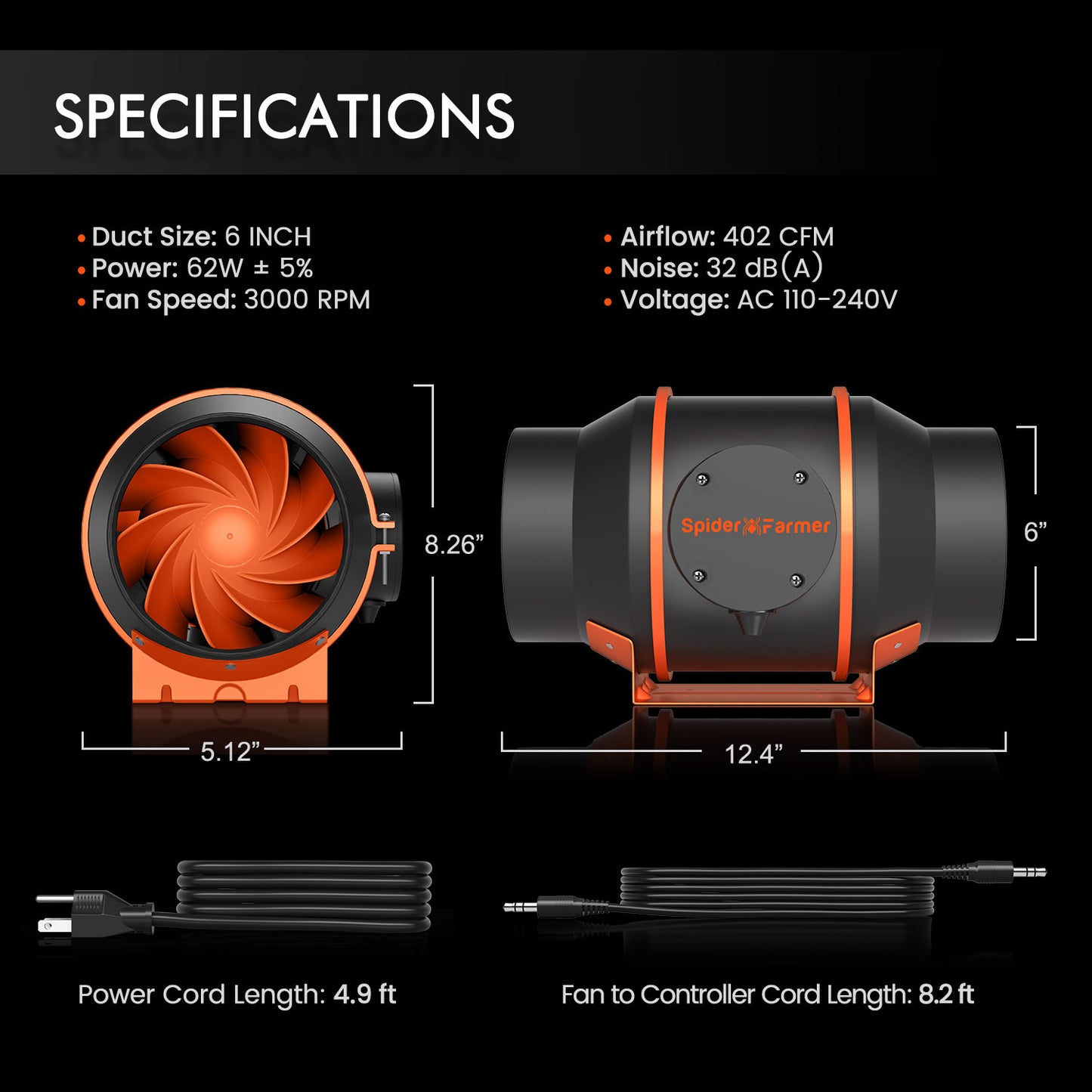 Spider Farmer® 6-Inch 402 CFM Inline Fan Kits with Speed Controller, Carbon Filter & Ducting Combo