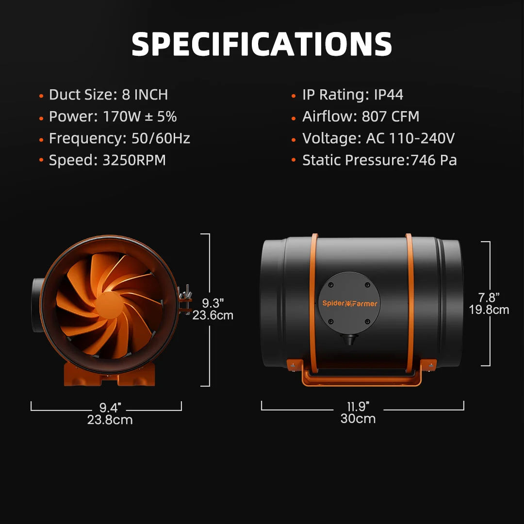 Spider Farmer® 8-Inch Inline Fan with Speed Controller